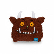 Gruffalo Winter Hat flat lay showing embroidered Gruffalo face, horns, and ears on brown knit background.