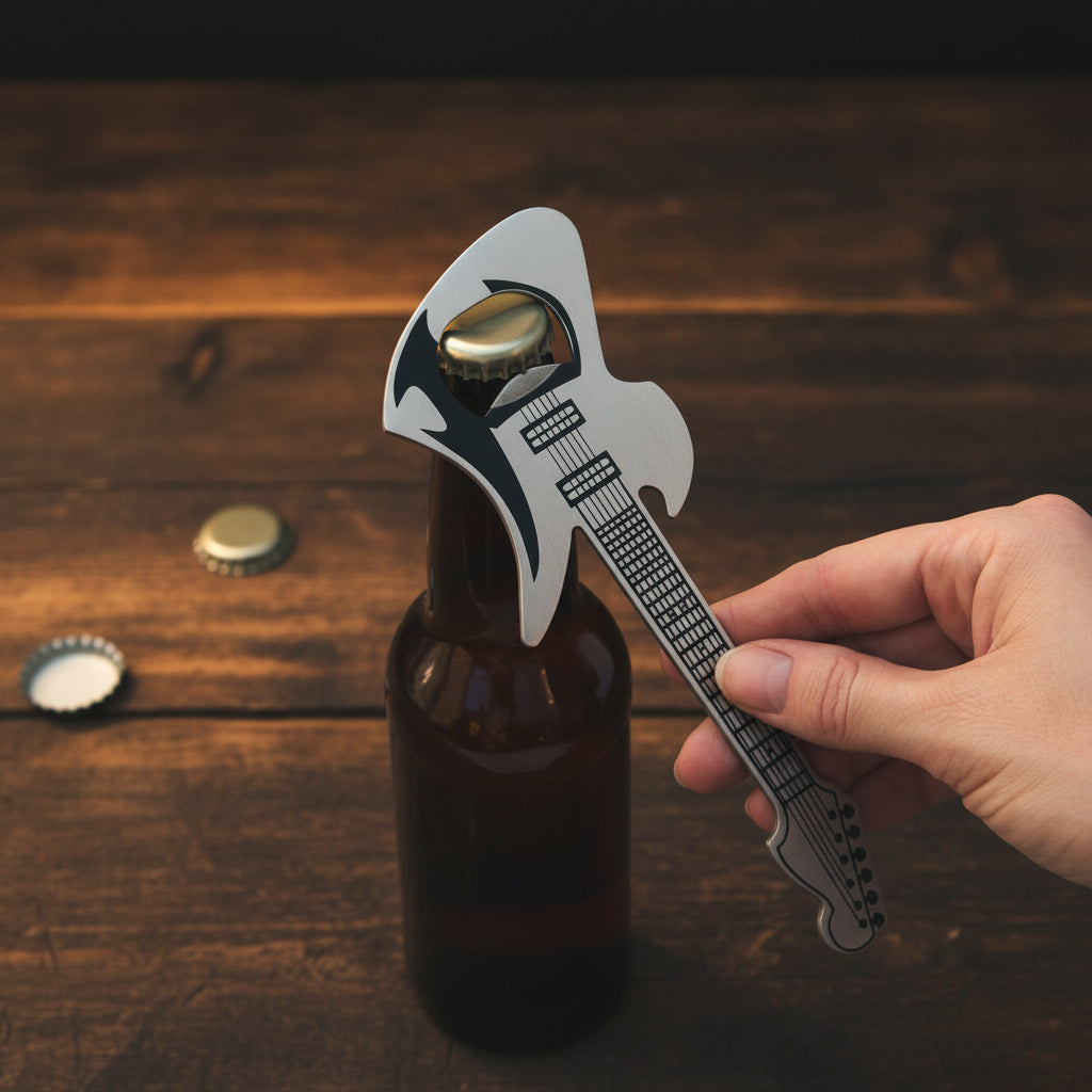 Stainless steel guitar bottle opener in use on a beer bottle.