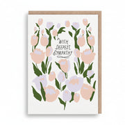Sympathy card covered with blush and lilac tulips and hand-lettered text