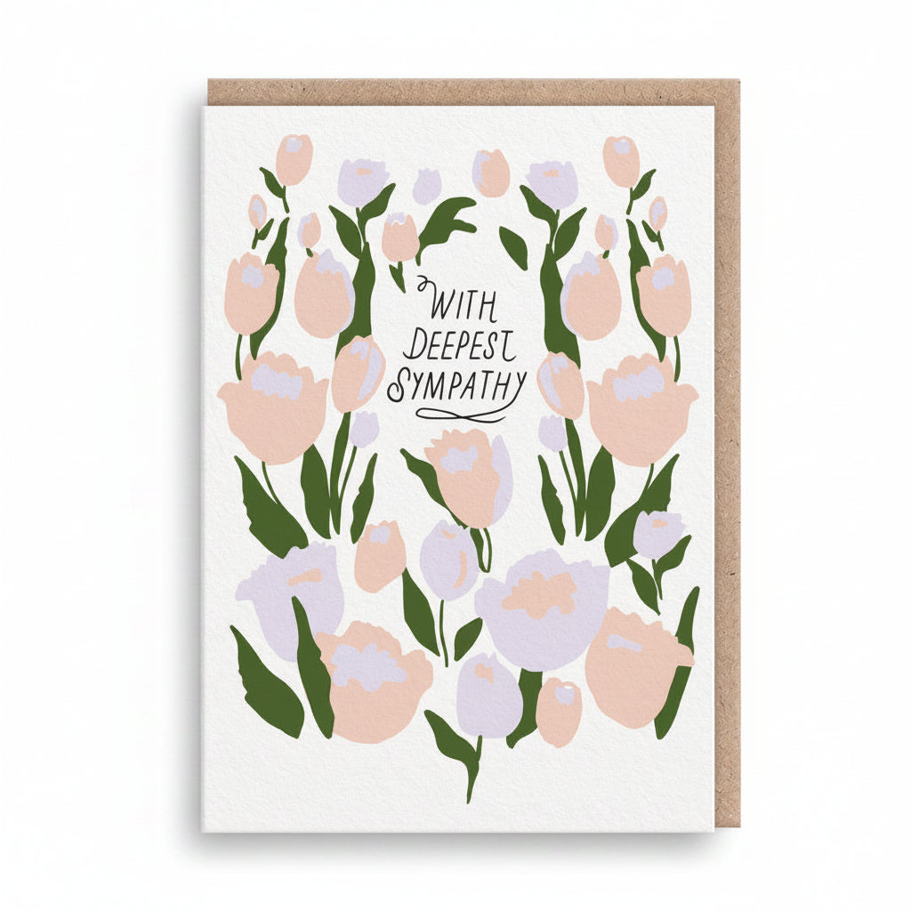 Sympathy card covered with blush and lilac tulips and hand-lettered text