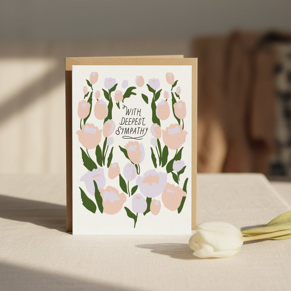 Sympathy card with floral design and 'With Deepest Sympathy' text on a white background.