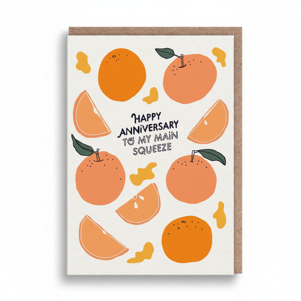 Cream anniversary card patterned with oranges and hand-lettered navy text