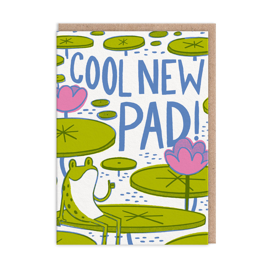 White card with a frog on a lily pad giving a thumbs up beside blue lettering