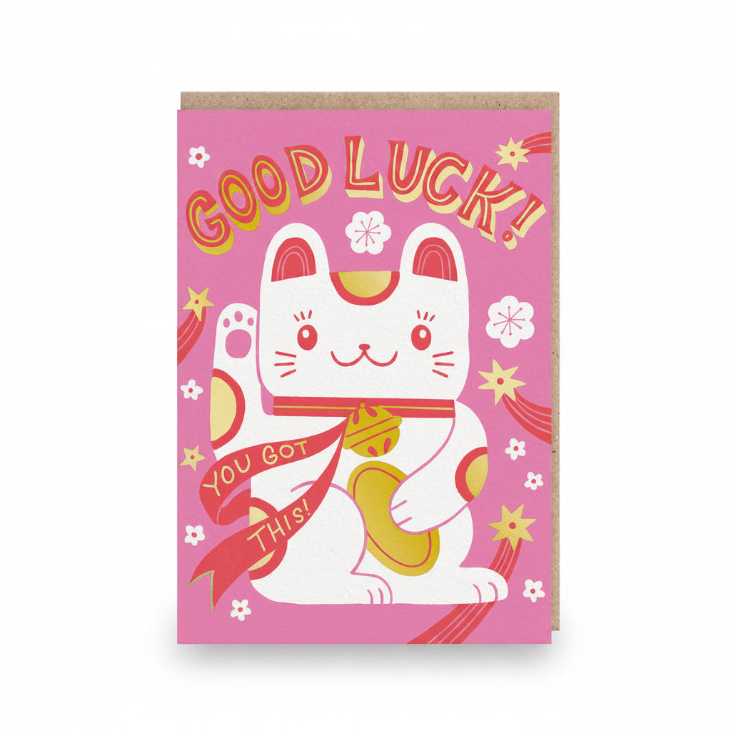 Hot pink good luck card with a white maneki-neko lucky cat