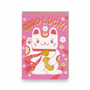 Hot pink good luck card with a white maneki-neko lucky cat
