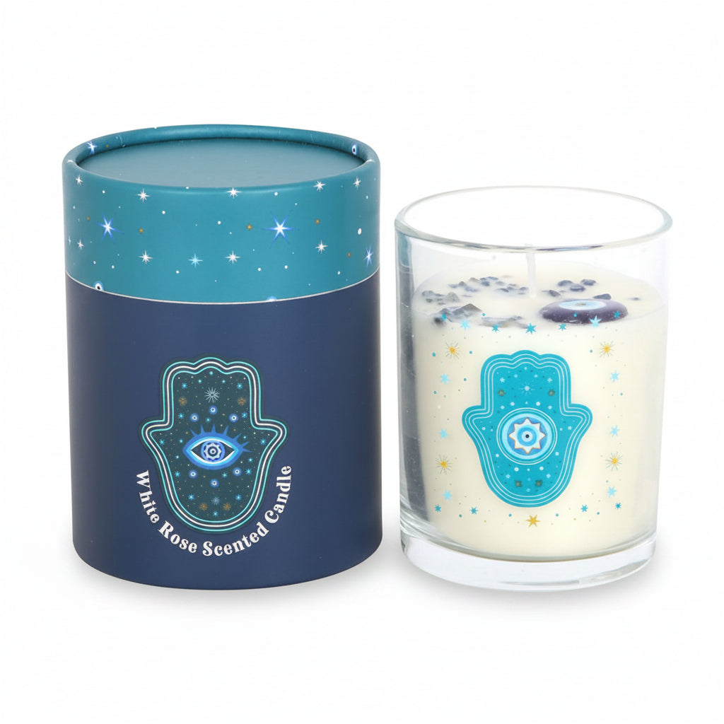Hand of Hamsa white rose candle with protective navy and teal cylinder gift box.
