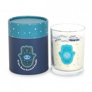 Hand of Hamsa white rose candle with protective navy and teal cylinder gift box.