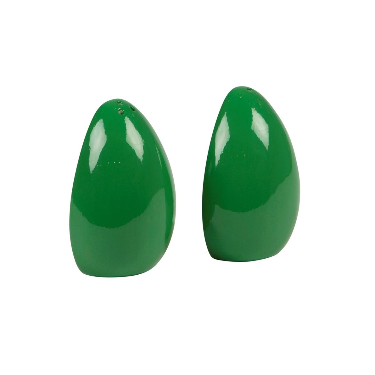 Side view of quirky Happy Avocado salt and pepper set.
