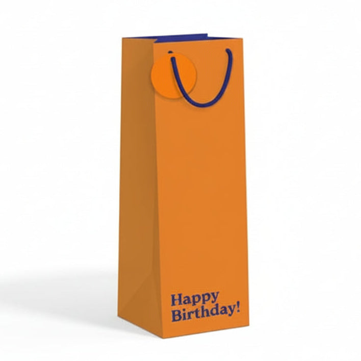 Orange birthday bottle gift bag with blue text on white background