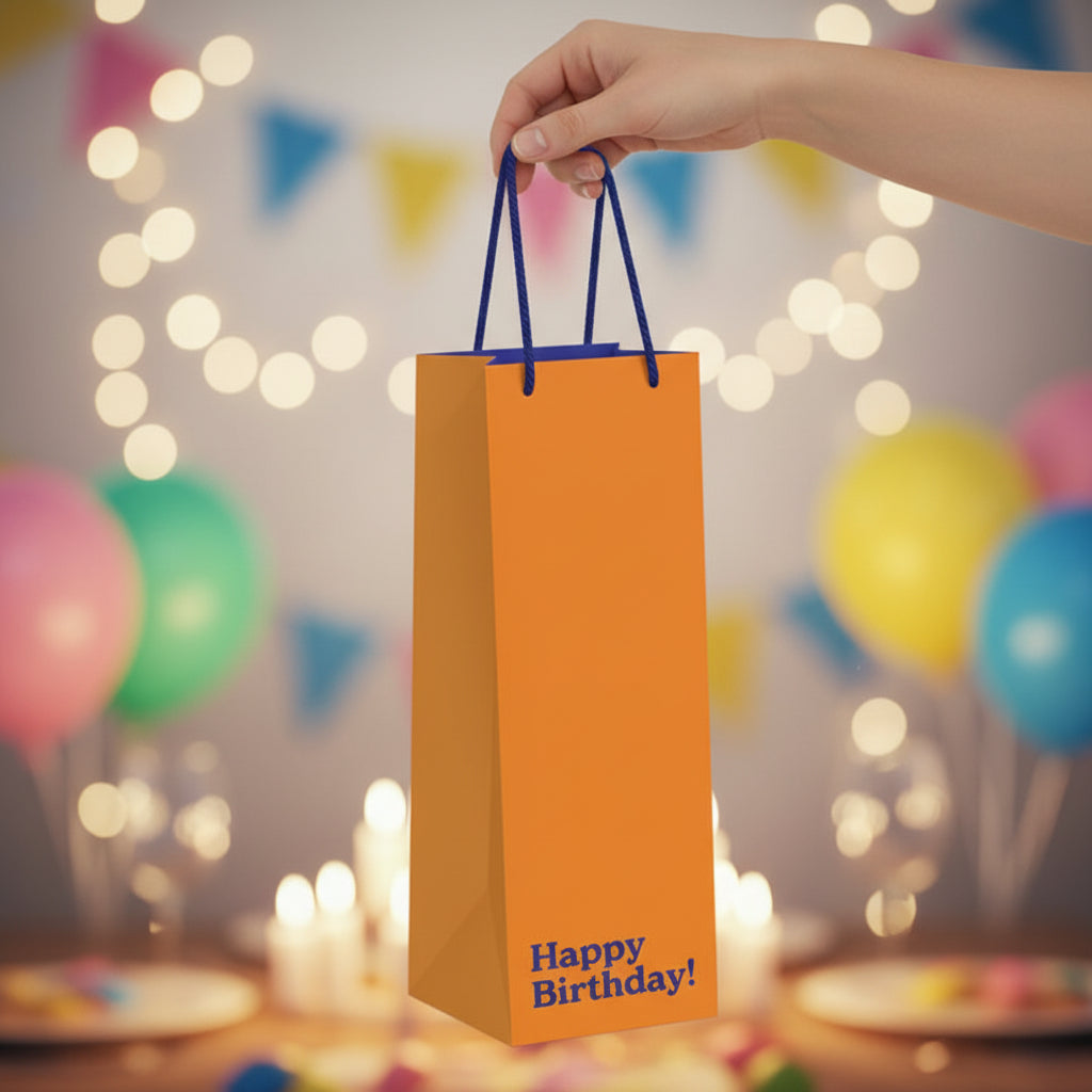 Orange birthday bottle gift bag held by hand with party balloons behind