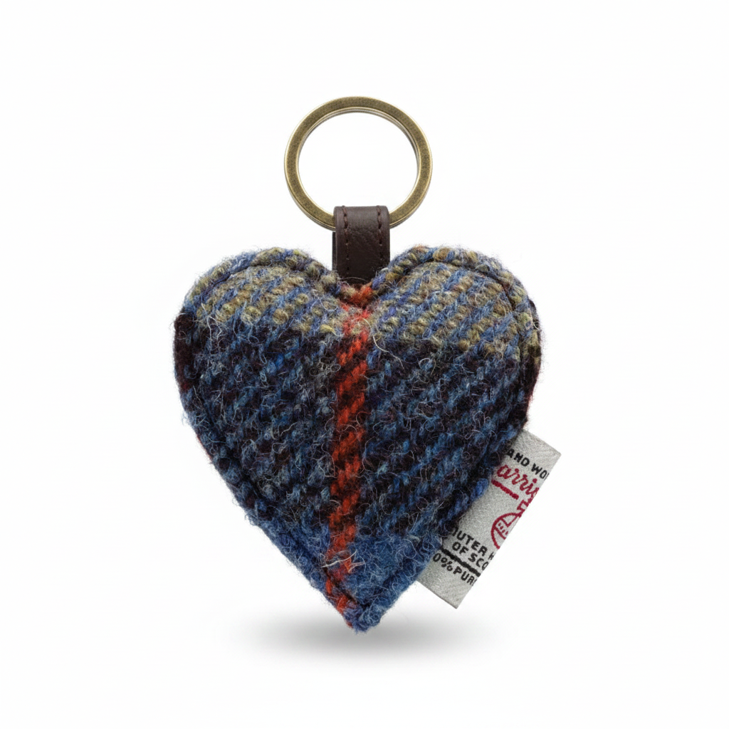 Blue tartan Harris Tweed heart keyring with split ring on patterned card