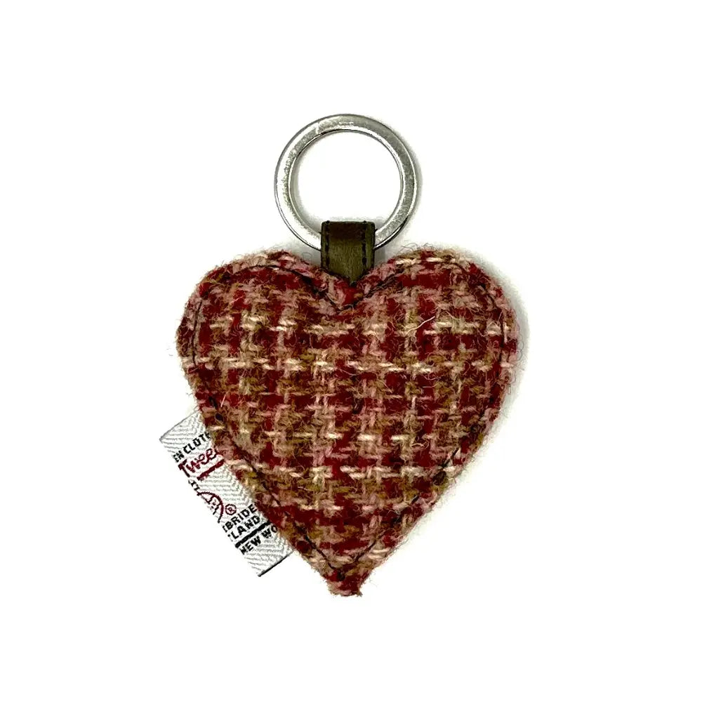 Maple red check Harris Tweed heart keyring on white background