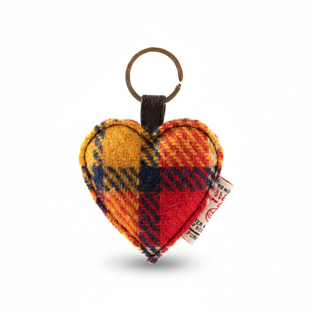 Saffron tartan Harris Tweed heart keyring on white background