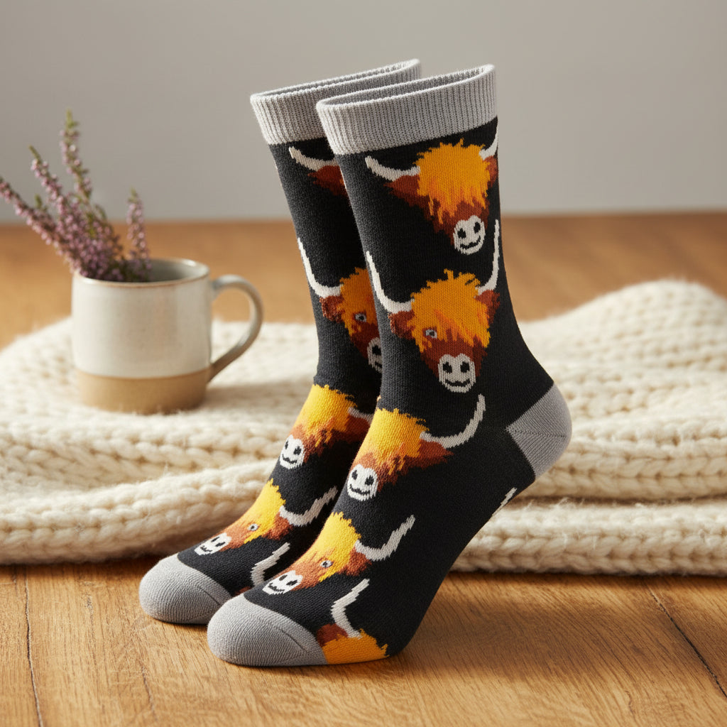 A pair of crew socks with a dark charcoal gray background featuring a repeating pattern of fluffy orange and yellow creatures with white horns and faces, finished with light gray heels, toes, and cuffs.
