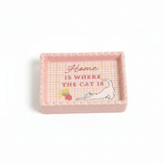 Pink gift box for “Home Is Where The Cat Is” trinket dish featuring cat illustration and gingham design.
