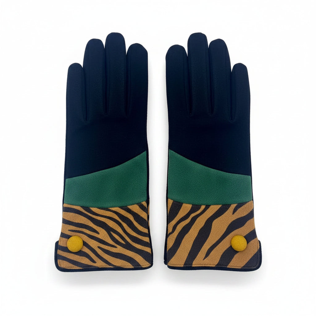 Front view of tiger print suedette gloves with teal panel and yellow button, displayed flat on white background.