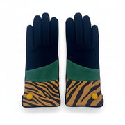 Front view of tiger print suedette gloves with teal panel and yellow button, displayed flat on white background.