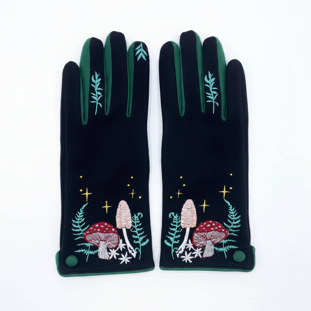 House of Disaster Forage gloves angled to show whimsical embroidery and button detail.