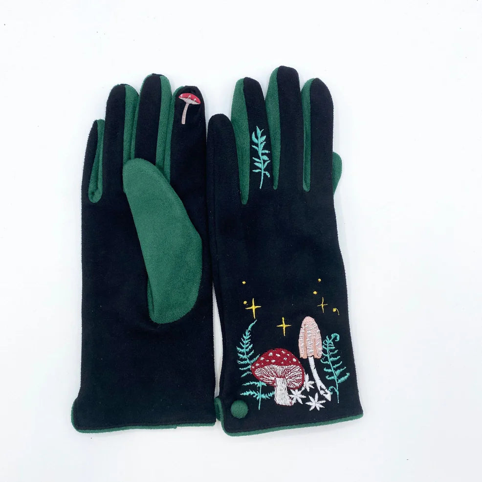 Side view of Forage embellished gloves with forest green fingertips and botanical stitching.