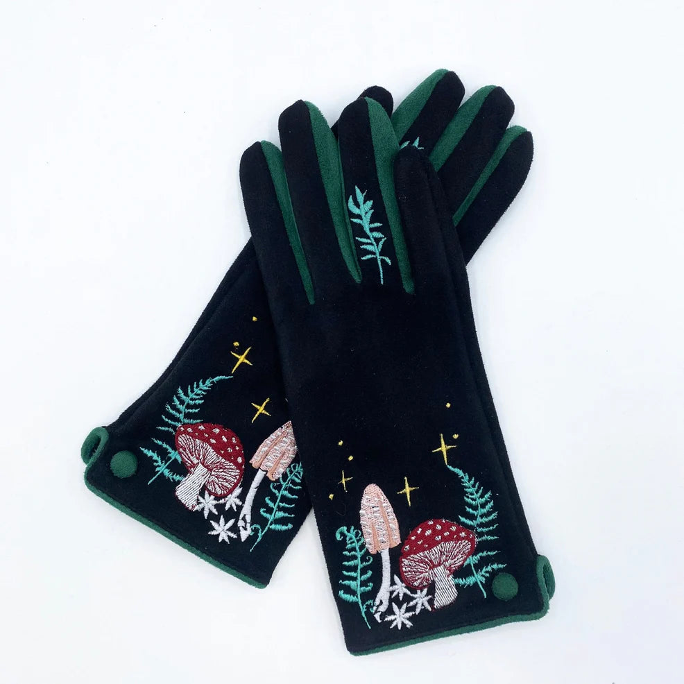 Rear view of Forage gloves showing soft forest green lining and embroidered mushroom detail.