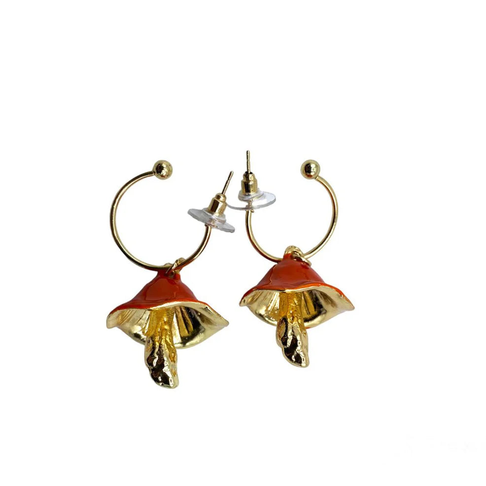 Back view of Forage Red Earrings highlighting detailed golden gills under the red enamel caps, set against a white background for clear visibility.