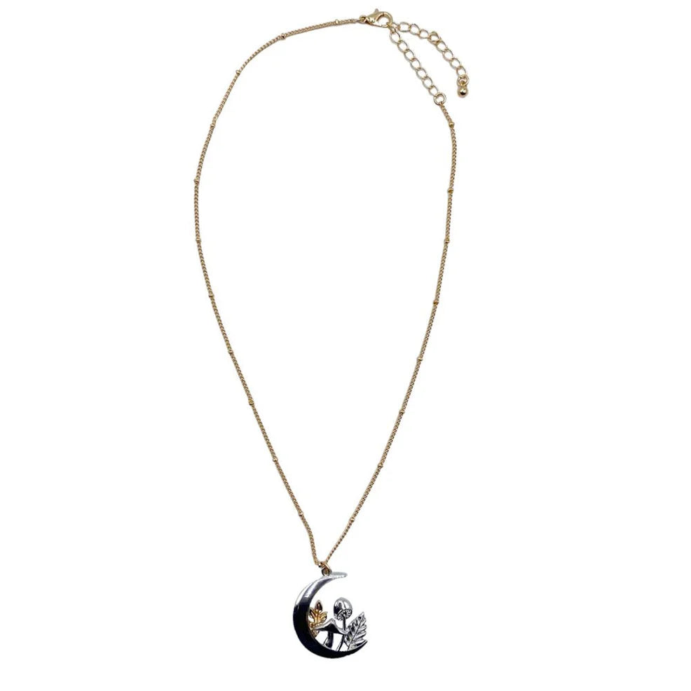 Full-length view of Forage Moon Necklace with gold-tone bobble chain and mystical moon pendant featuring mushroom and leaf design.