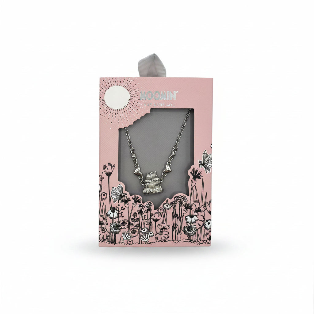 Front view of Moomin necklace in box with Moomintroll and Snorkmaiden pendant visible through window.