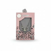 Front view of Moomin necklace in box with Moomintroll and Snorkmaiden pendant visible through window.