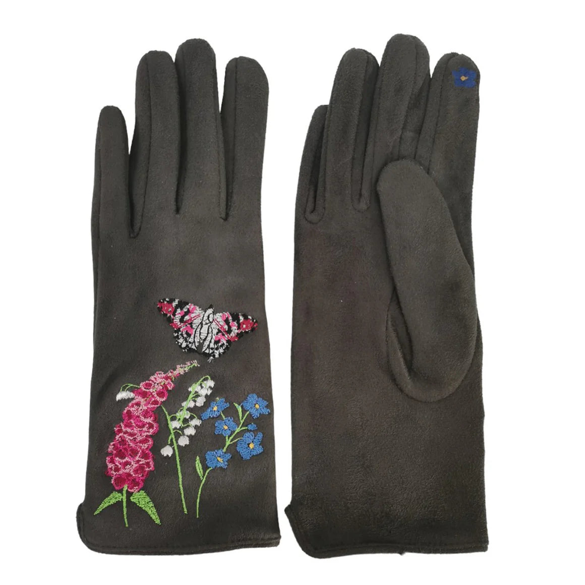 Flat lay showing one glove face-up with floral butterfly embroidery and the other face-down to highlight suedette texture and contrasting thumb touchscreen patch.