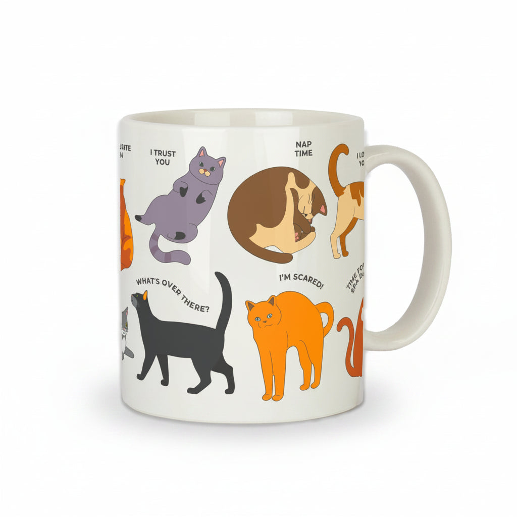 How to Speak Cat Mug featuring illustrated cats and meanings.