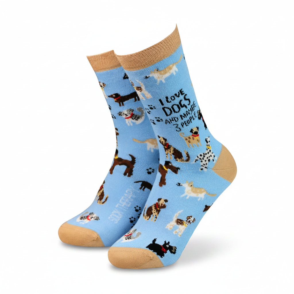 Light blue women’s bamboo socks with dog print and text “I love dogs and maybe 3 people” by Sock Therapy – sustainable, soft, and fun dog lover gift.