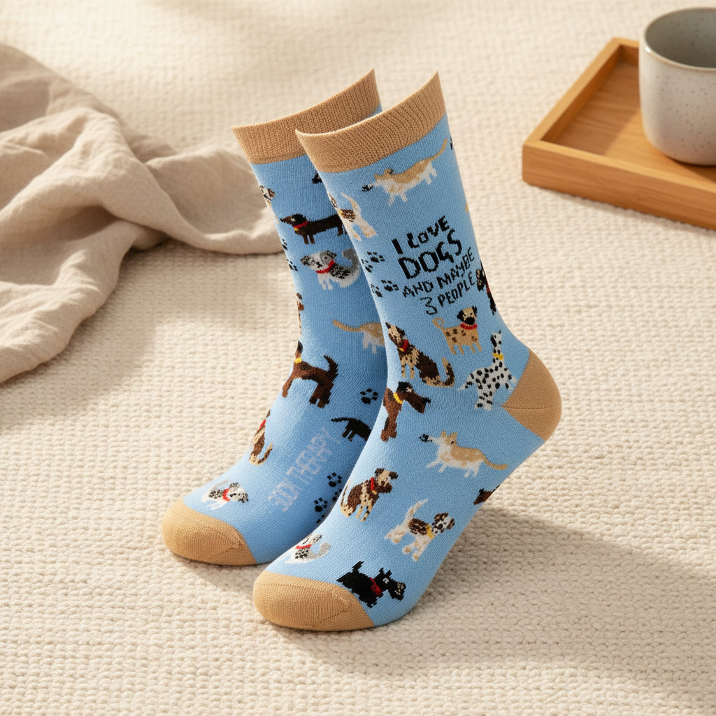 Blue socks with dog illustrations and text on a white background