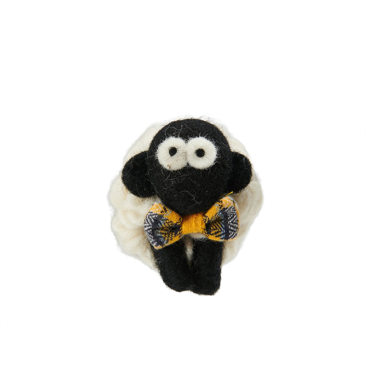 Knitted wool sheep keyring wearing a yellow tartan bowtie, on a plain white background.