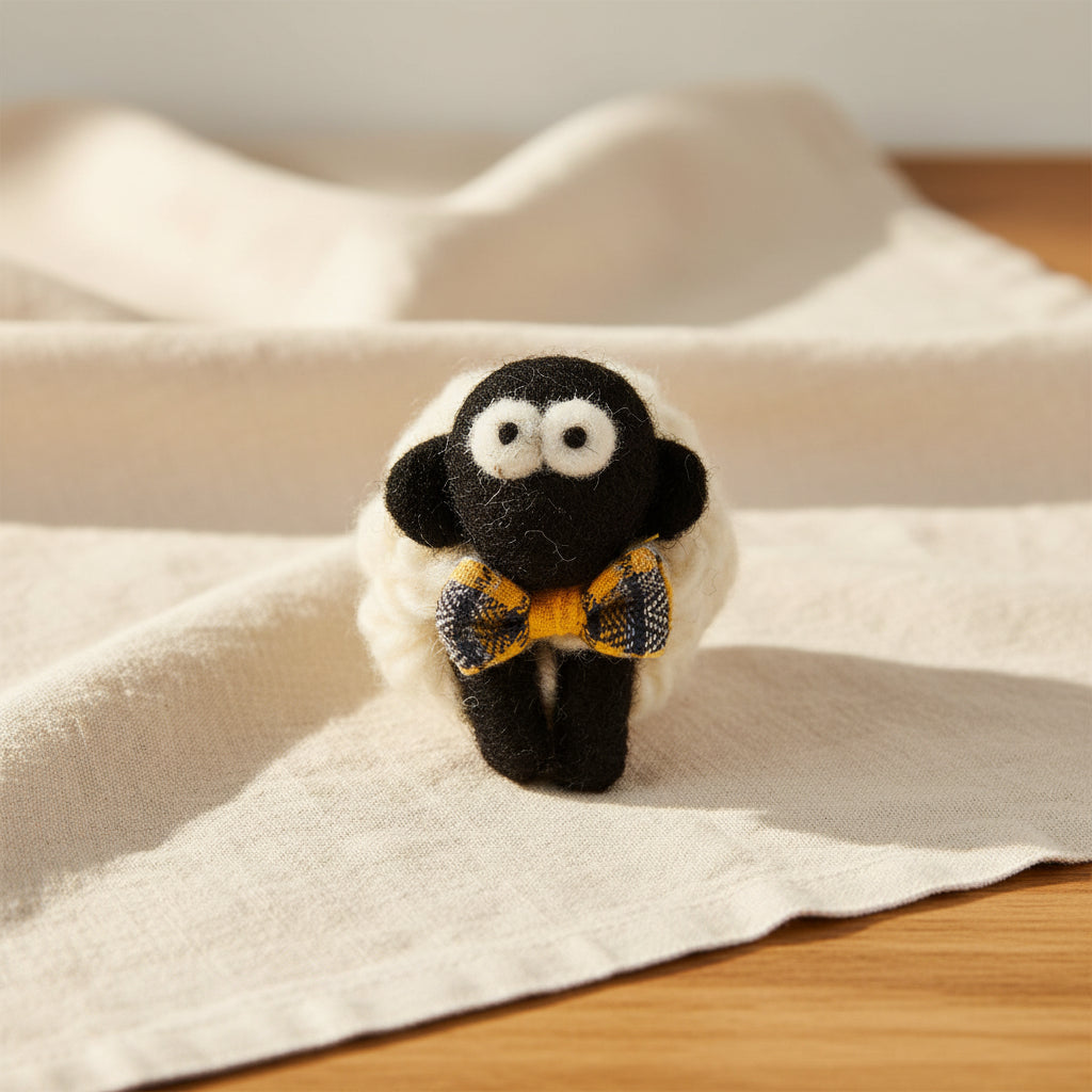 Knitted Sheep Keyring with Yellow Tartan Bowtie