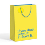 Yellow medium gift bag with teal slogan text on white background.