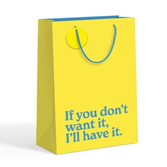 Yellow medium gift bag with teal slogan text on white background.