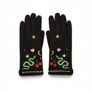 Pair of Inked Embroidered Snake Gloves laid flat on white background showing full embroidered pattern.