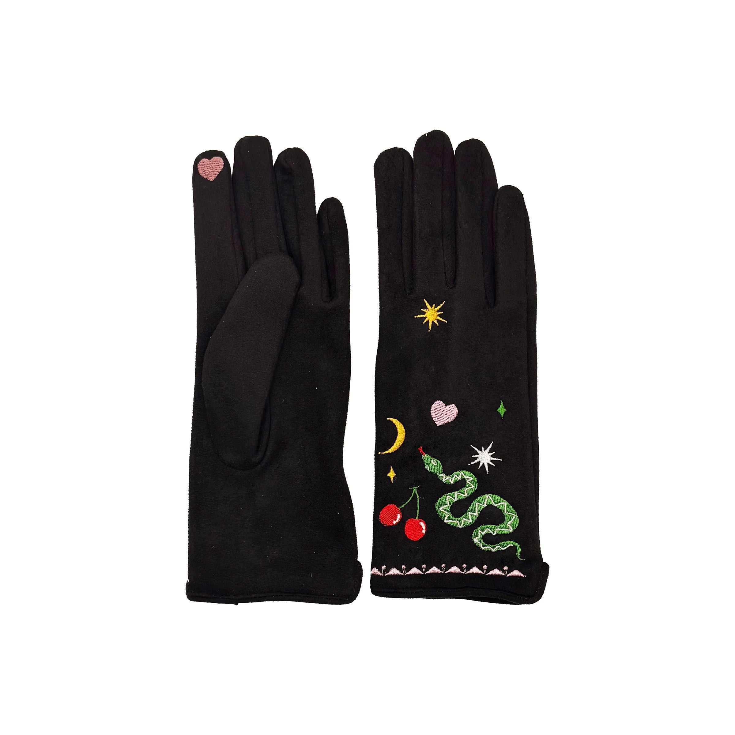 Black suedette gloves with snake embroidery and heart fingertip detail, displayed flat on white background.