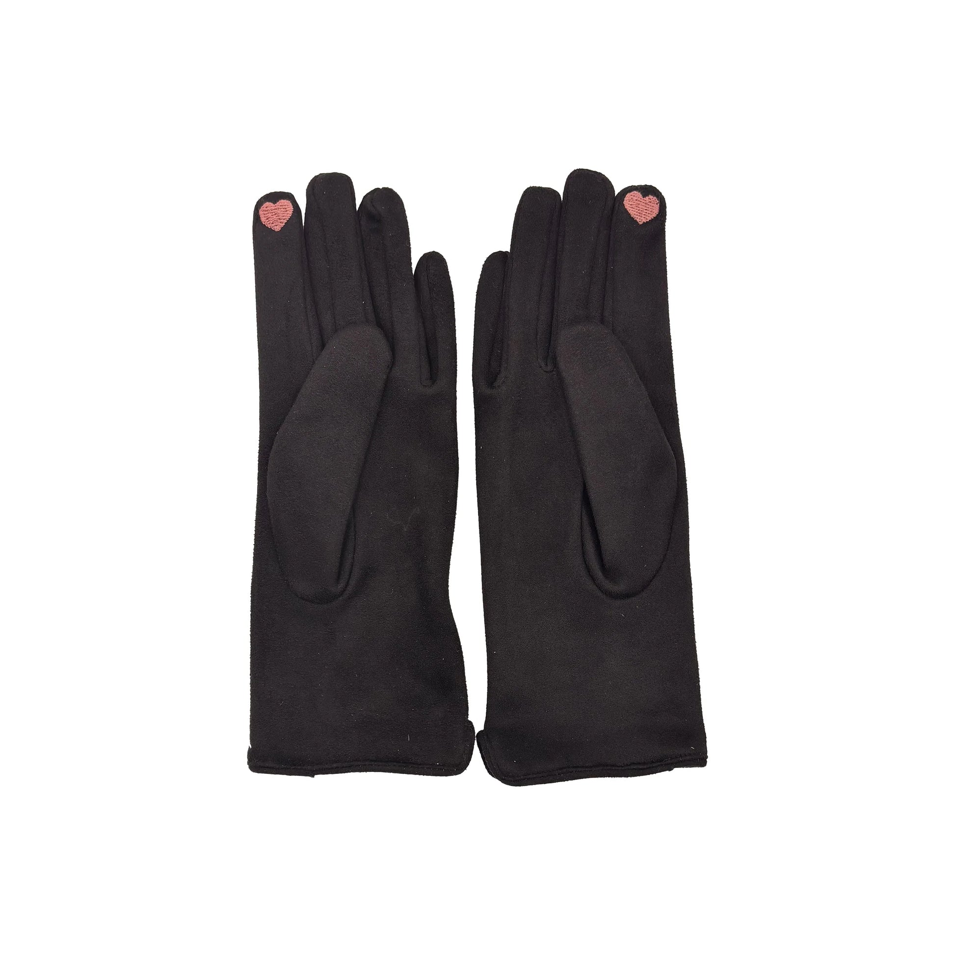 Back view of black suedette gloves with embroidered heart touch-screen detail on fingertip.