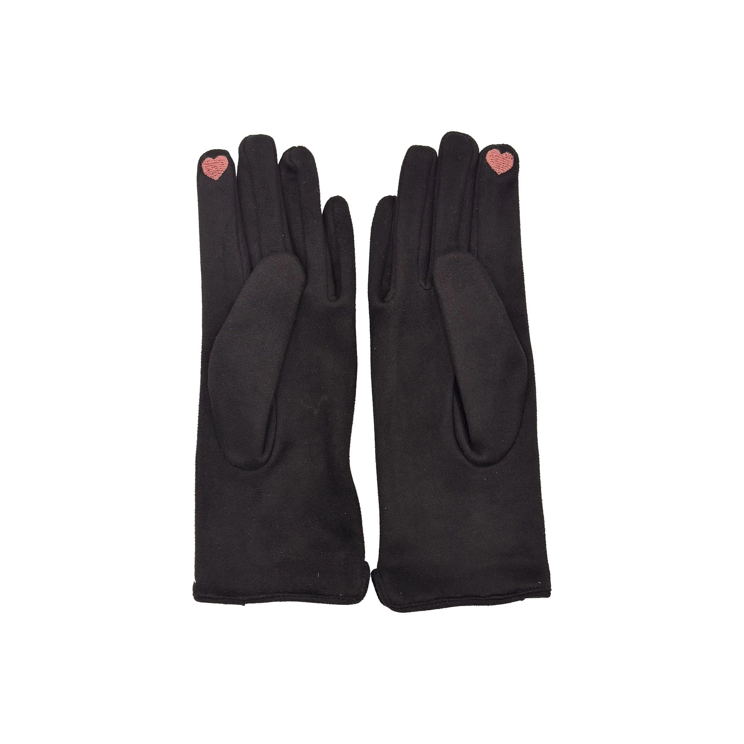 Back view of black suedette gloves with embroidered heart touch-screen detail on fingertip.