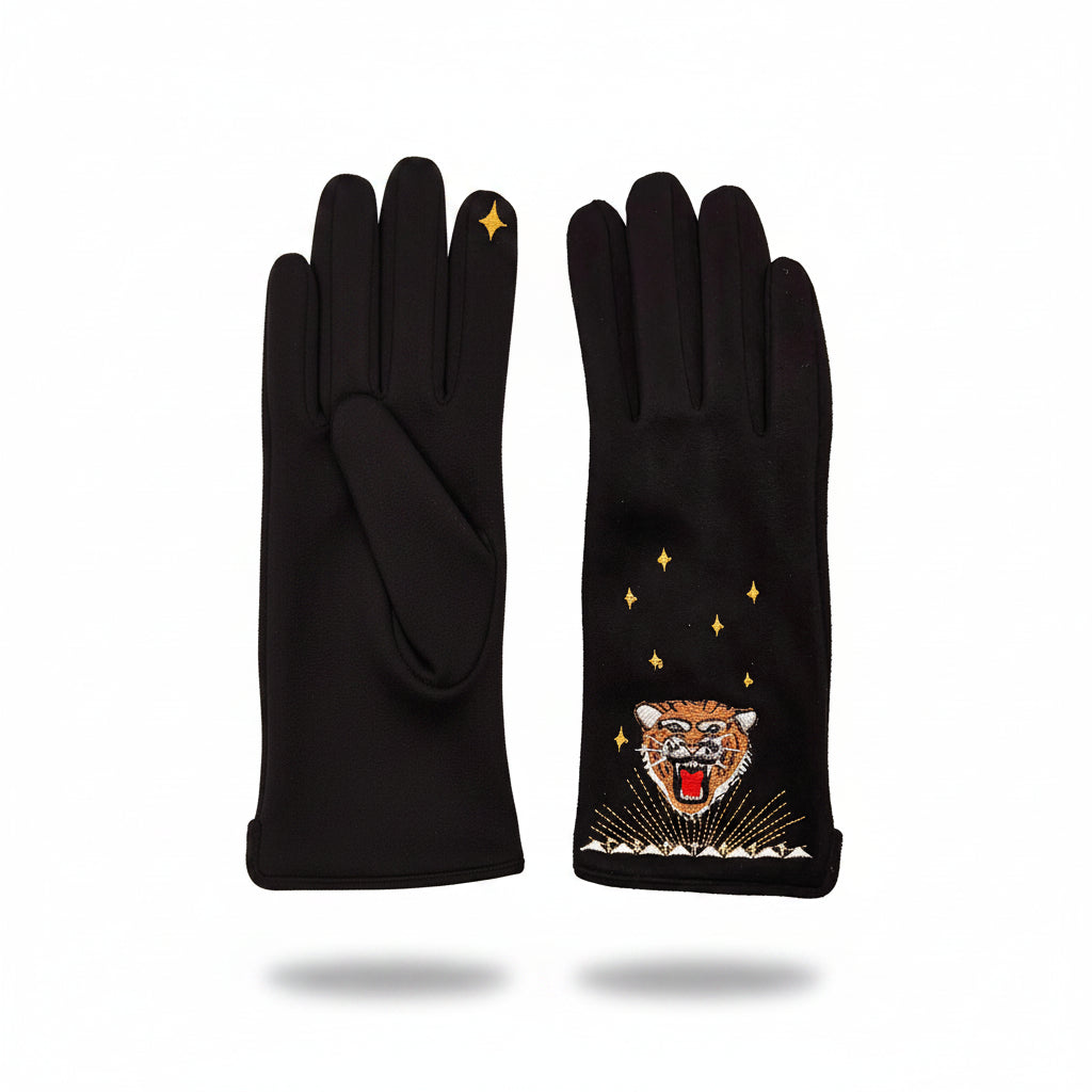 Pair of Inked Embroidered Tiger Gloves laid flat on white background showing tiger embroidery and gold star design.