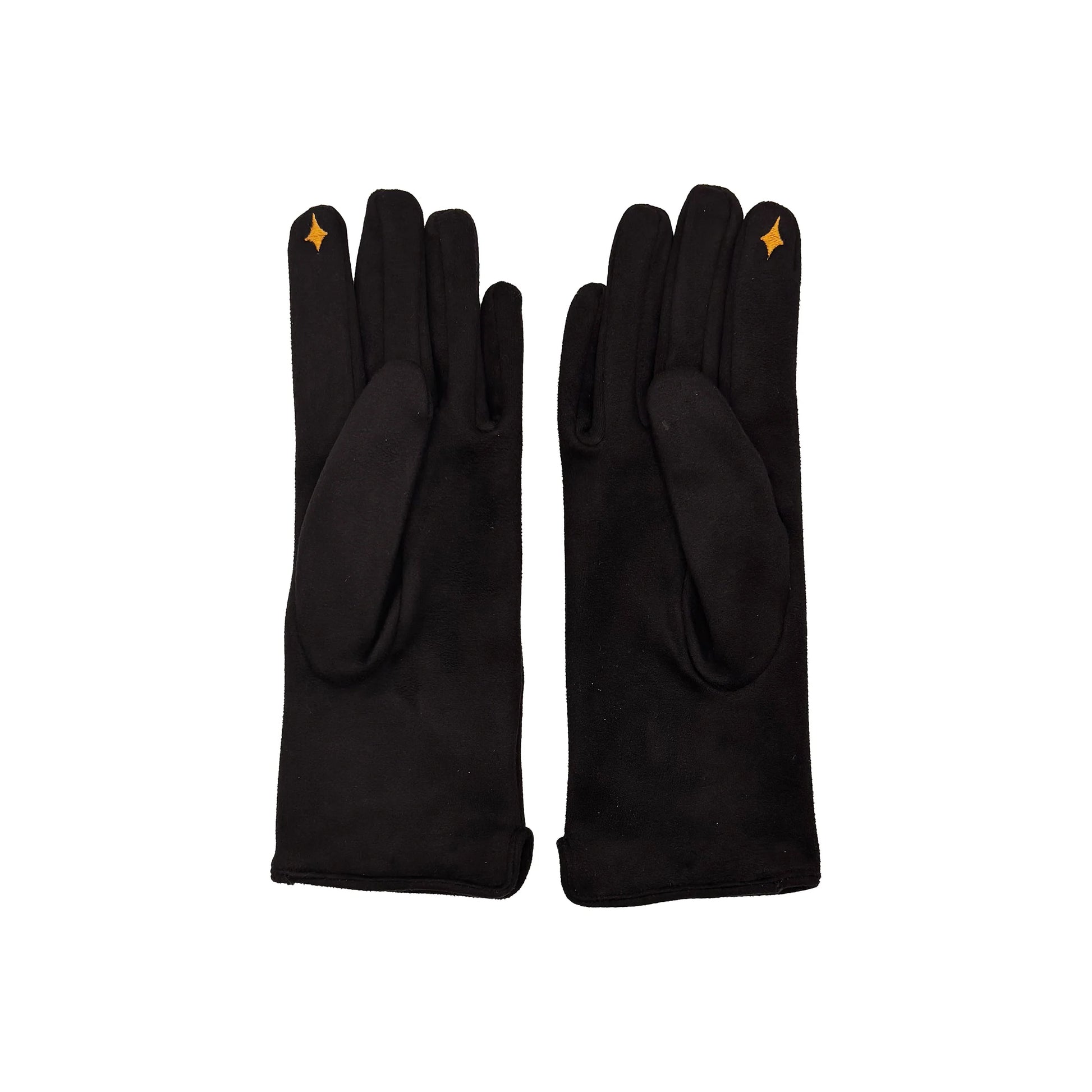 Back view of black suedette gloves with gold star fingertip detail, displayed on white background.