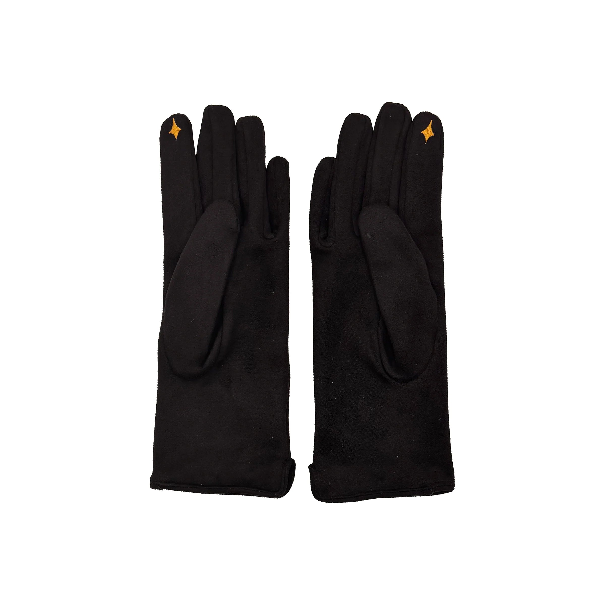 Back view of black suedette gloves with gold star fingertip detail, displayed on white background.