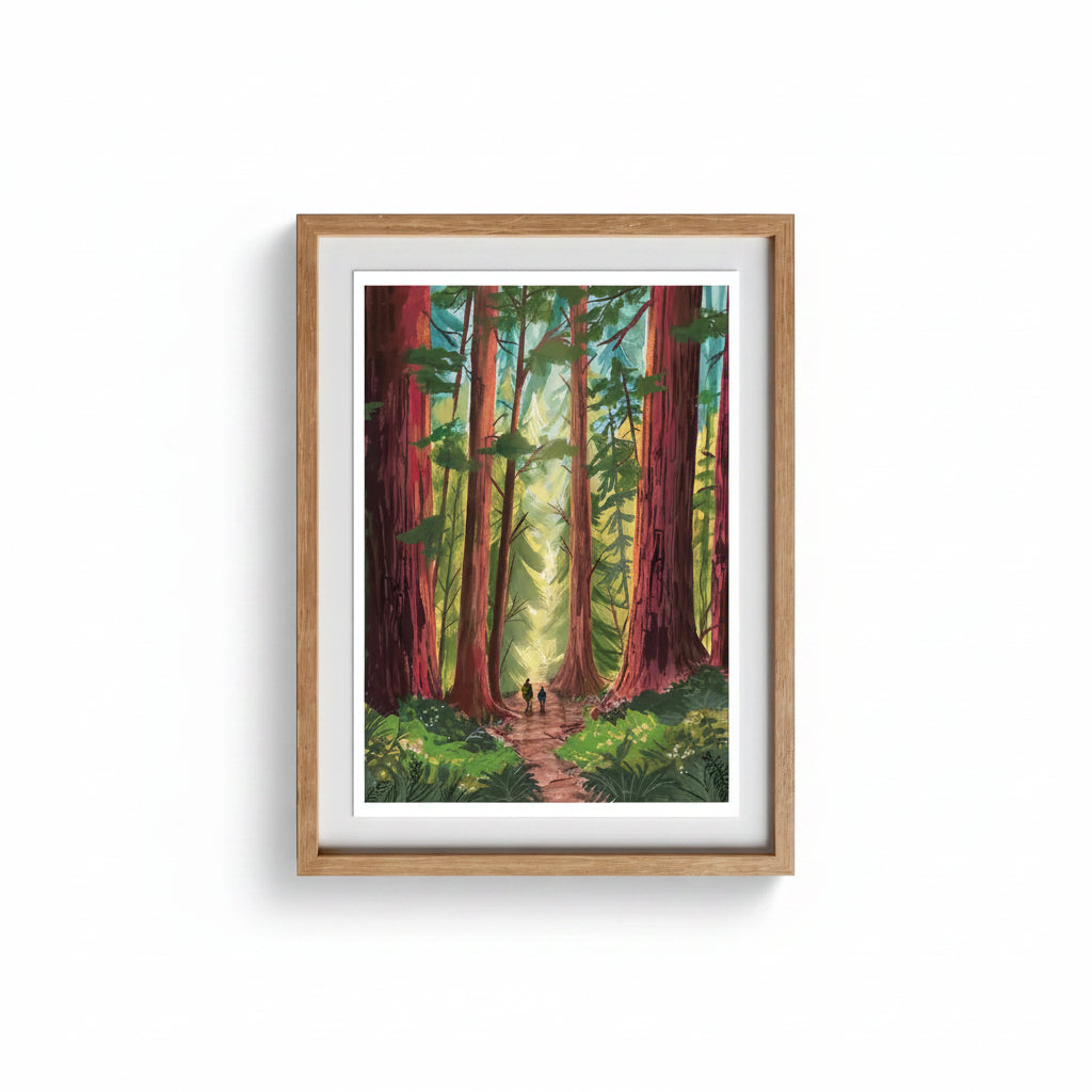 Into the Trees Version 2 art print A4 by Charis Raine Illustration framed on wall, featuring giant redwood trees and woodland path.