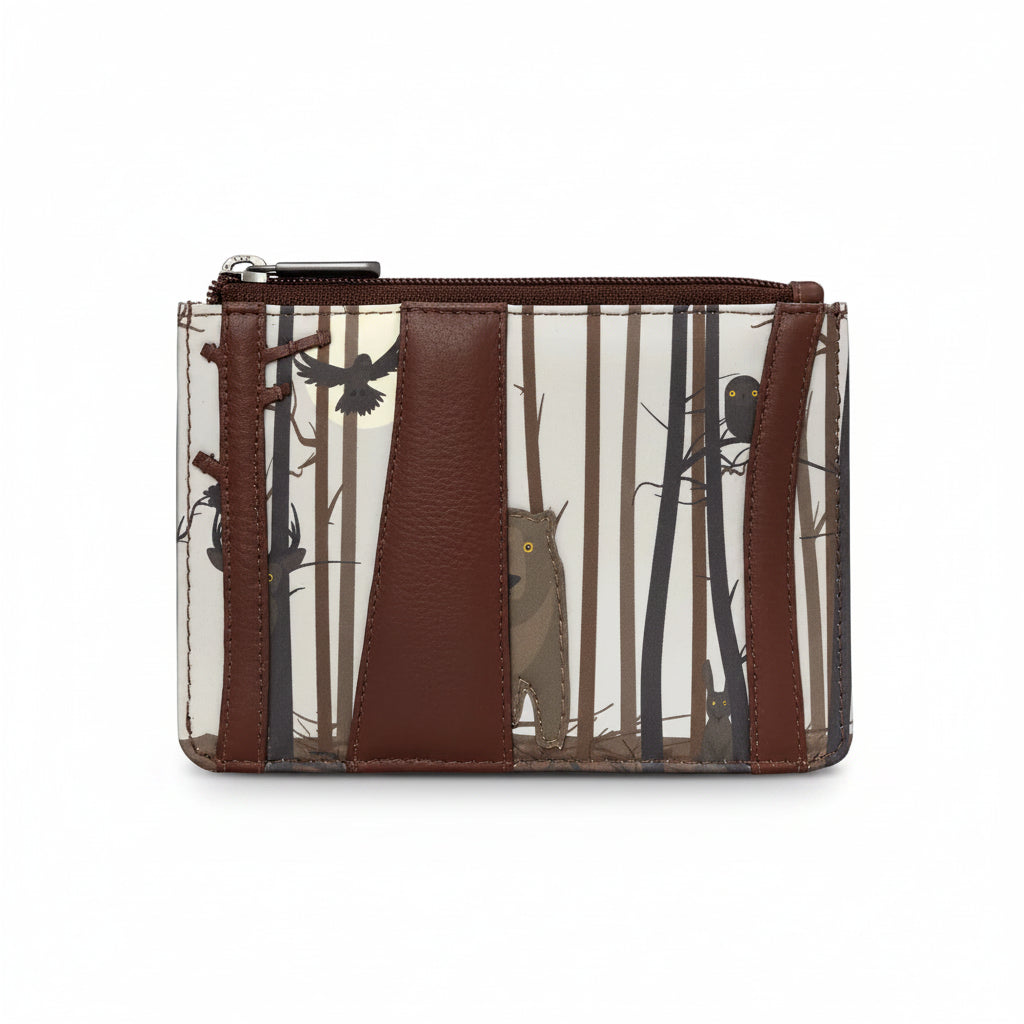 Into the Wild brown leather zip top purse with woodland animal appliqué design by Yoshi.