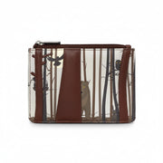 Into the Wild brown leather zip top purse with woodland animal appliqué design by Yoshi.