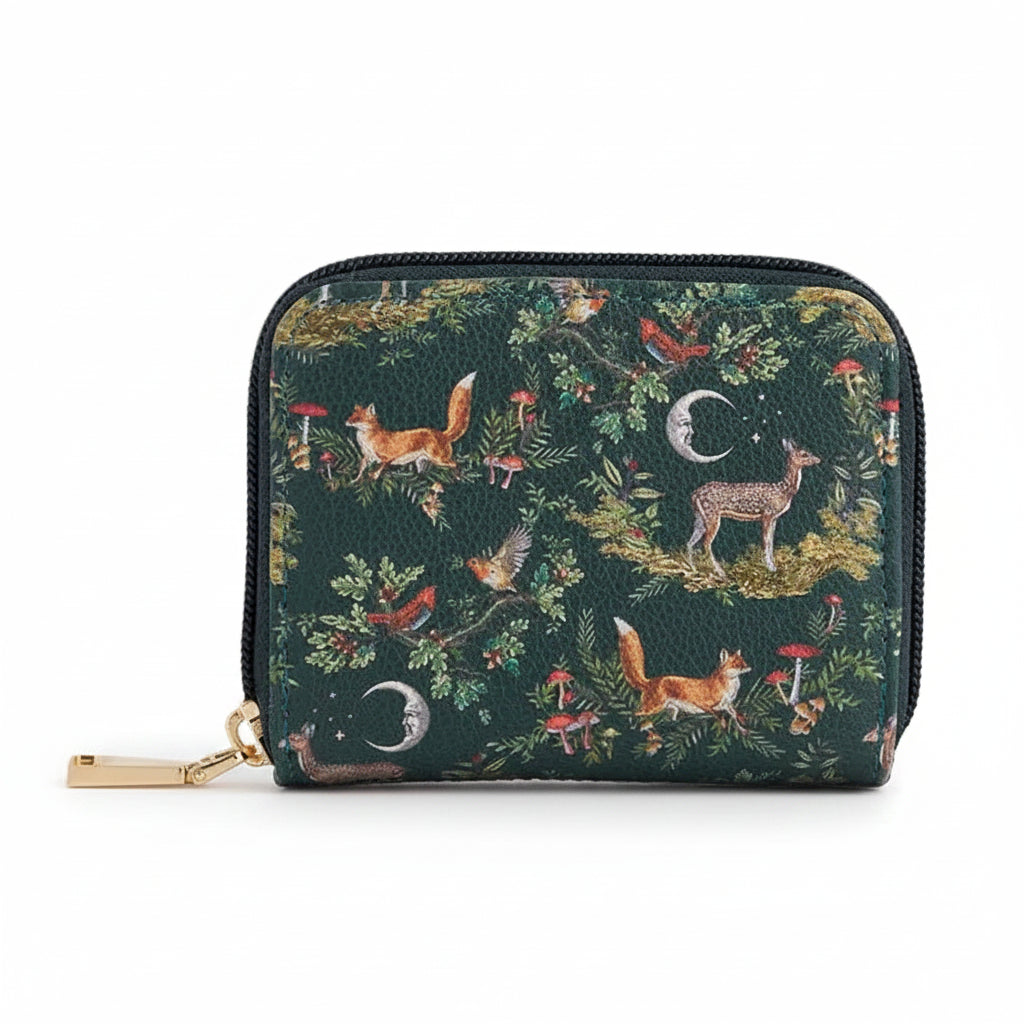 Close-up of Into the Woods Green Small Purse with woodland animals and moon design.