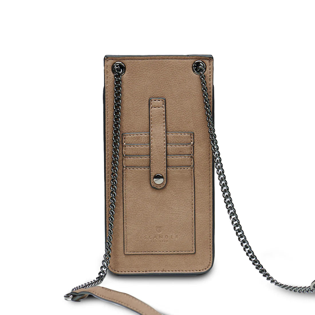 Back view of Blue & Beige Harris Tweed Phone Tote showing card slots and strap detail.