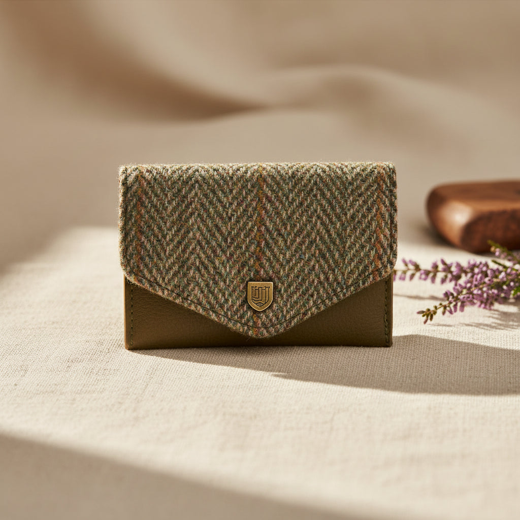 A small tweed wallet with a herringbone pattern in beige, green, and orange tones, featuring a solid brown leather-like lower section and a gold shield logo on the front flap. A white brand tag is visible on the left side.
