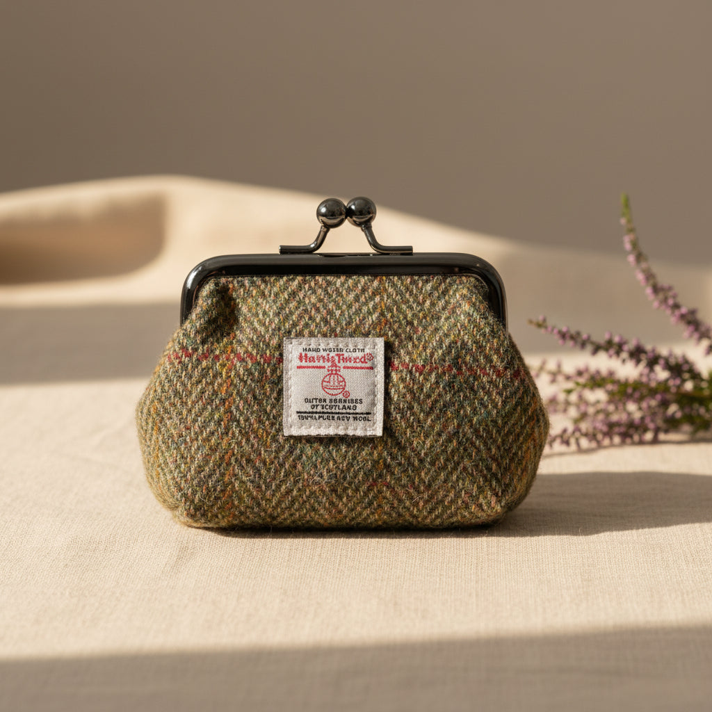 Side image of the Chestnut Herringbone Harris Tweed Coin Purse showing the depth of the purse and the clasp closer.
